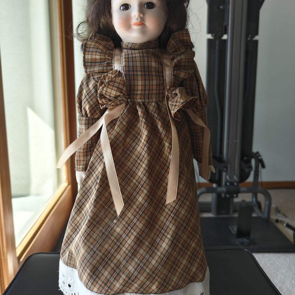 Classic Brown Plaid Porcelain Doll in Ruffled Dress